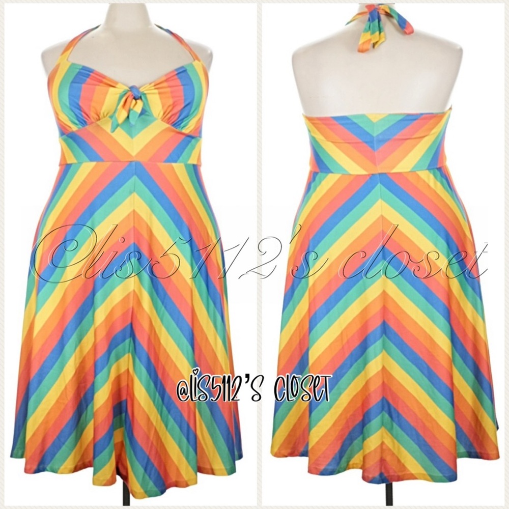 ModCloth Rainbow Chevron Stripe Halter Pinup Swing Dress 2X - Picture 11 of 11
